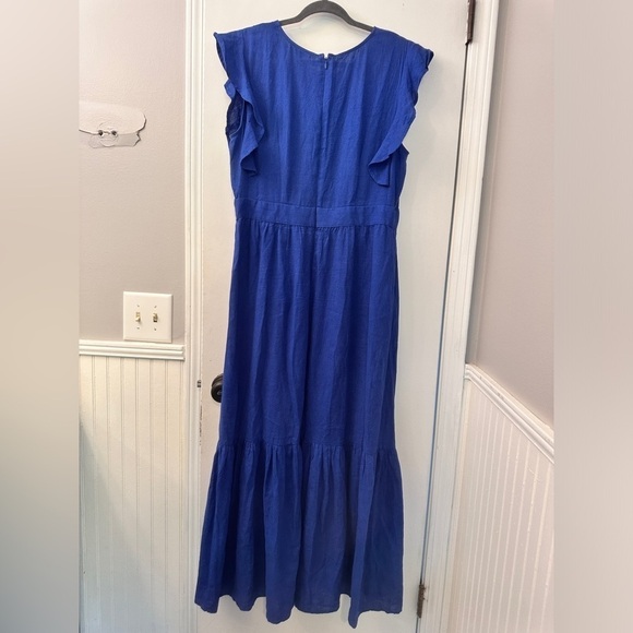 Cynthia Rowley Blue Linen Blend Ruffle Details Tier Maxi Dress~ L - Picture 3 of 14